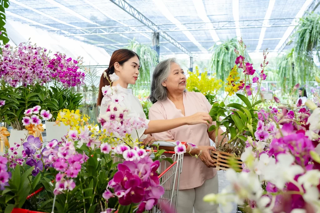 mulheres em loja de orquídeas