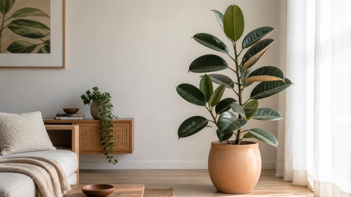 Planta-da-borracha (Ficus elastica) em vaso decorando a sala com luz indireta