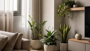 Plantas de interior em vasos (zamioculca, jibóia e espada-de-são-jorge) em canto de sala com luz indireta e sem sol direto