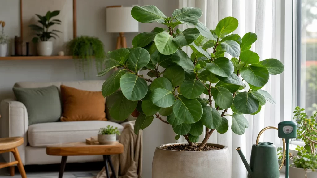 Ficus umbellata em vaso grande perto de janela com luz indireta