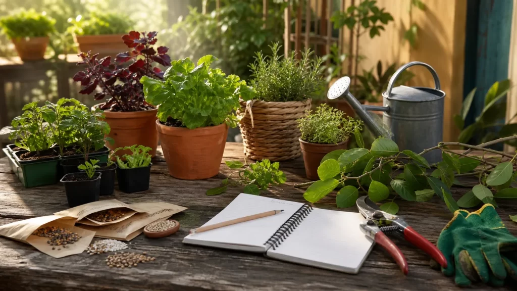 Bancada de jardinagem com mudas, sementes e tesoura de poda para o checklist de maio