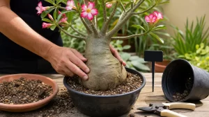 Pessoa examinando o caudex de uma rosa-do-deserto em vaso para diagnosticar problemas