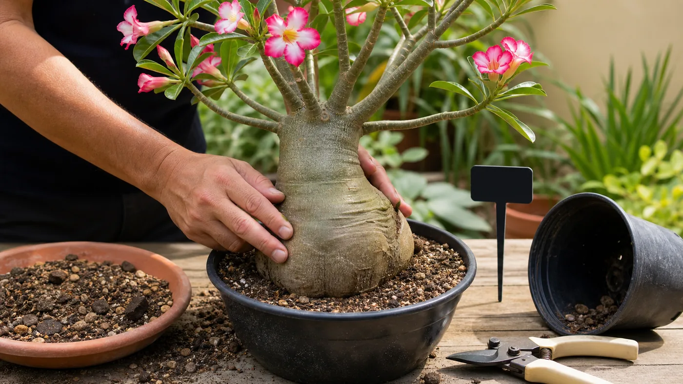 Rosa-do-deserto com caudex mole: como saber se é sede, dormência ou podridão (e salvar)