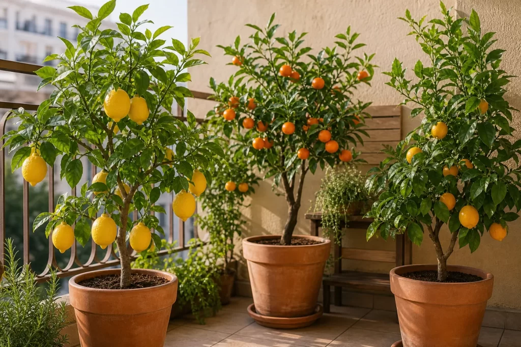 Vasos com cítricas compactas em varanda ensolarada para cultivo de árvores frutíferas em espaço pequeno