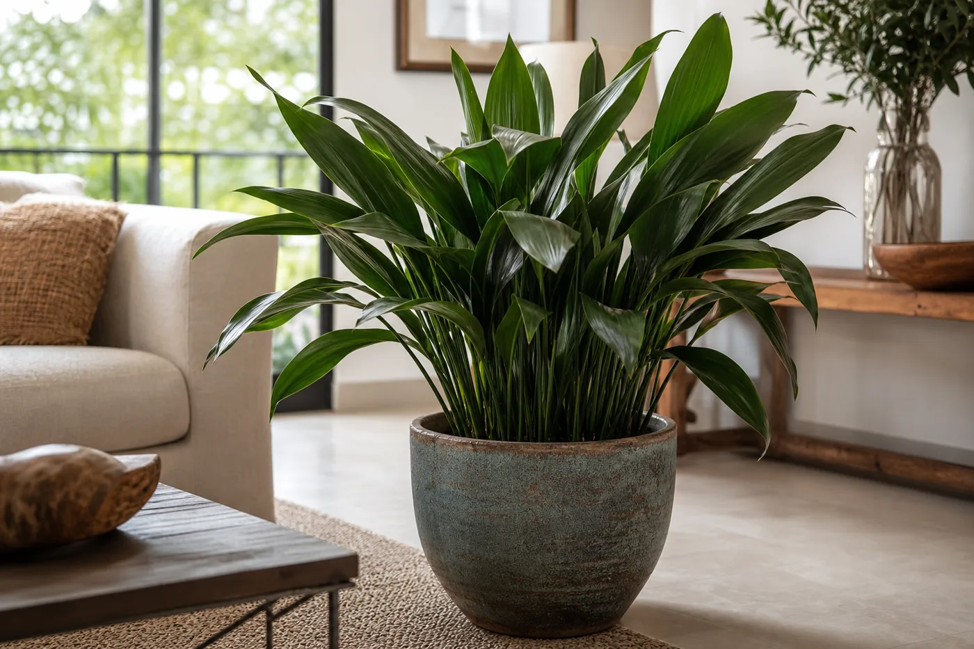 Aspidistra em vaso decorando uma sala de apartamento com luz indireta