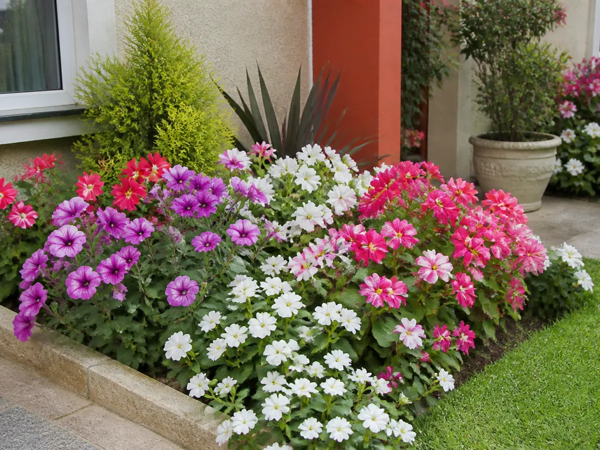 Canteiro pequeno com flores coloridas como petúnias, begônias e vincas em frente de casa