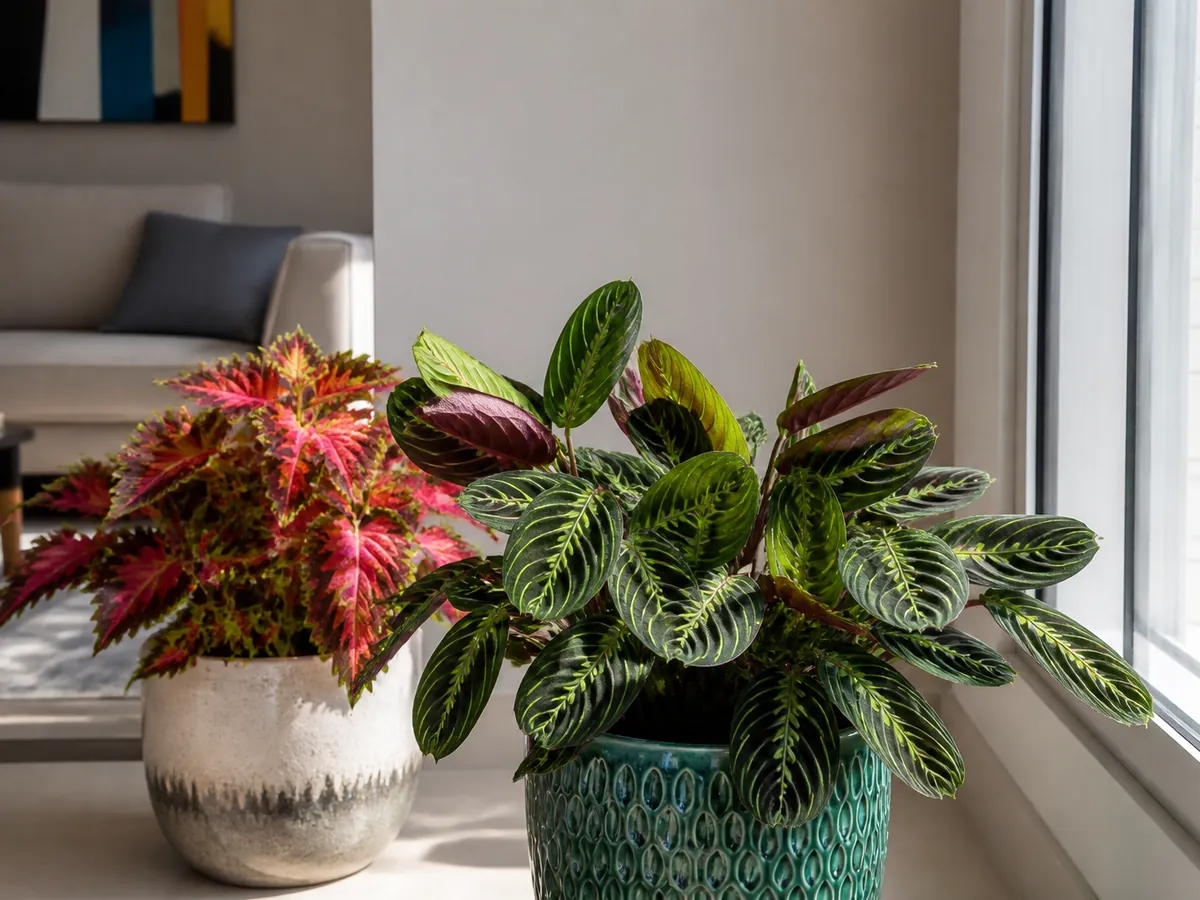 Vaso de cóleus colorido ao lado de maranta em canto claro de apartamento