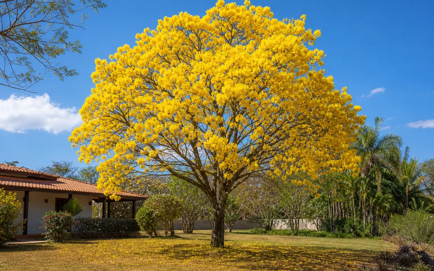 Ipê amarelo florido em jardim ensolarado com céu azul e espaço livre ao redor.