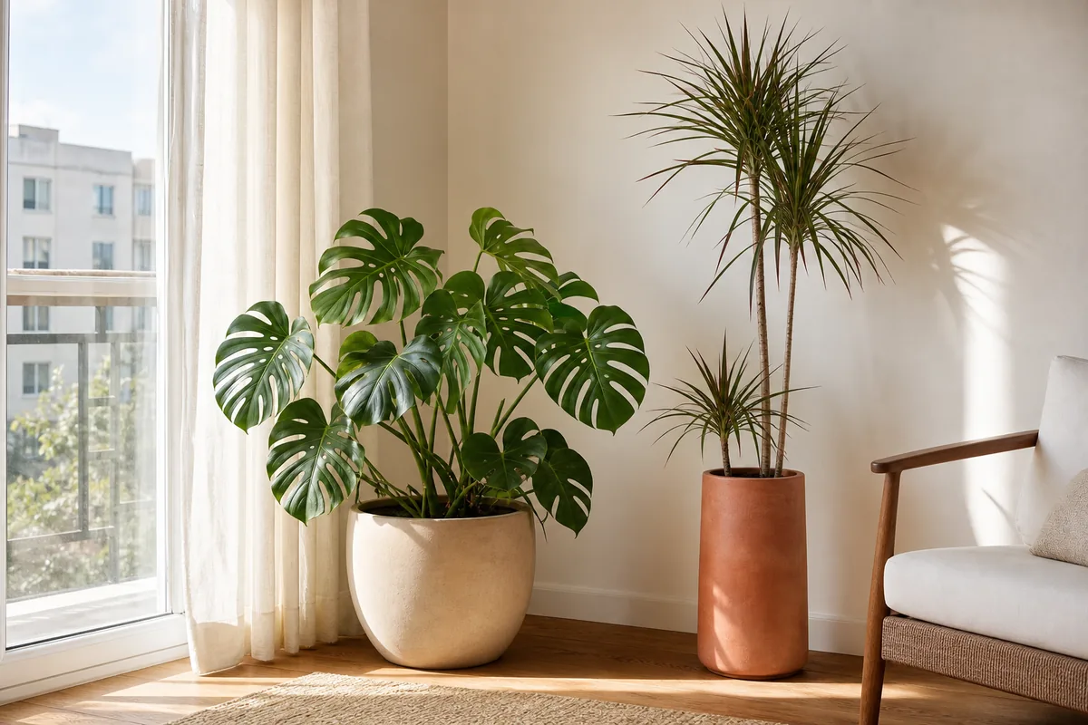 Costela-de-adão e dracena-marginata em vasos de piso perto de uma janela clara