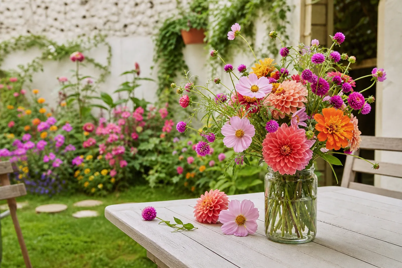 Flores coloridas de corte em vasos e canteiro pequeno ao lado de um arranjo montado em vaso de vidro