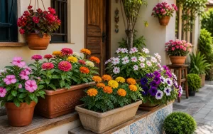 Vasos e jardineiras com flores coloridas em varanda ensolarada para inspirar o plantio de agosto