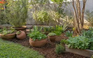 Jardim residencial organizado no fim do inverno com vasos, solo coberto e plantas prontas para a primavera.