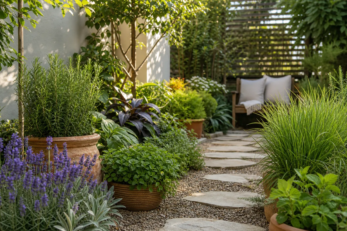 Jardim sensorial residencial com lavanda, alecrim, hortelã, capim-limão e caminho de pedras