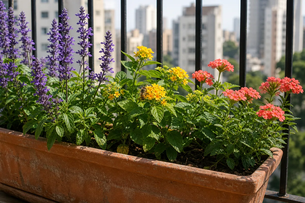Jardineira de varanda com sálvia, lantana, verbena e uma abelha visitando as flores