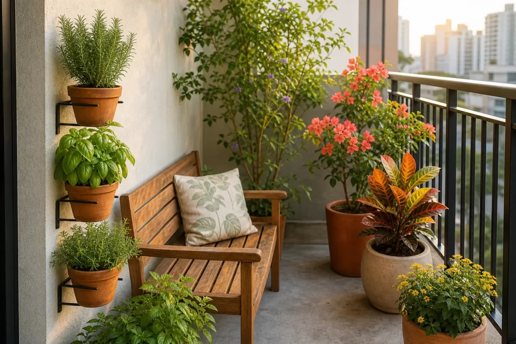 Varanda pequena com jardim vertical de ervas, vasos em alturas diferentes e banco de madeira