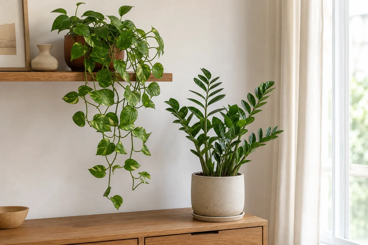 Jiboia pendente e zamioculca em uma sala clara de apartamento