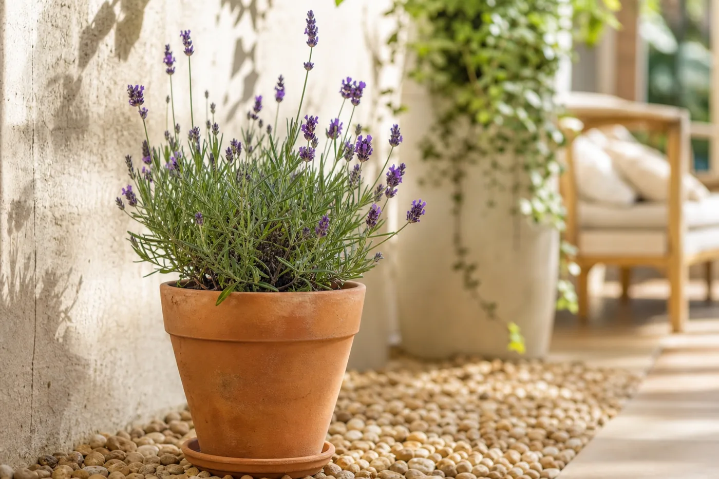 Vaso de lavanda florindo em varanda ensolarada com fundo claro e atmosfera leve