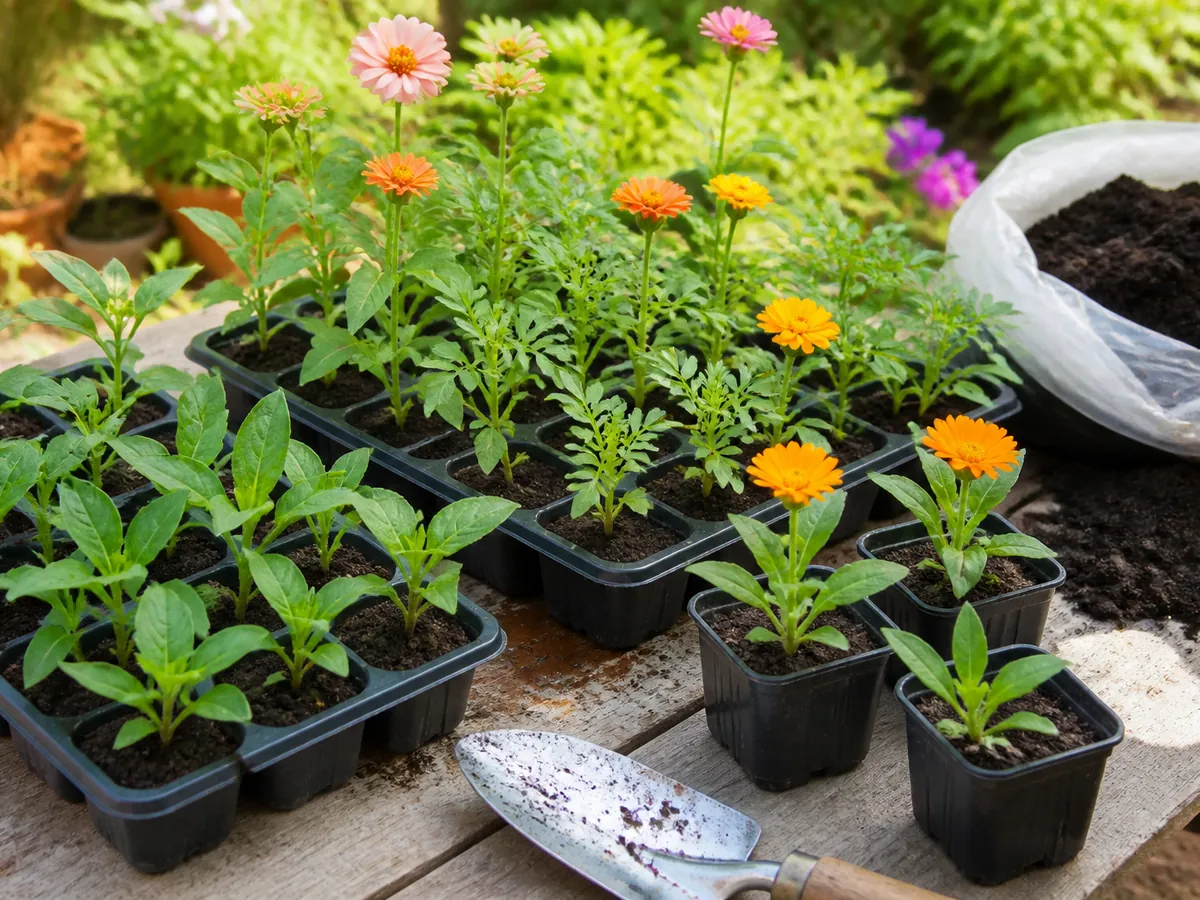 Bandejas com mudas de flores coloridas prontas para plantio em vasos e canteiro