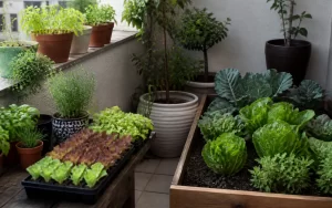 Horta doméstica com vasos e bandejas de mudas prontas para o plantio de setembro