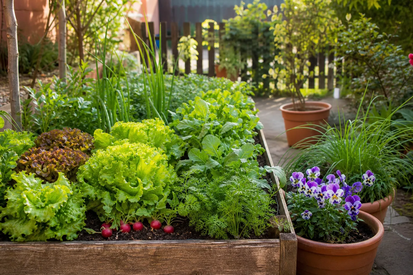 Horta doméstica de inverno com alfaces, rúcula, rabanetes, cenouras, cebolinha e amor-perfeito