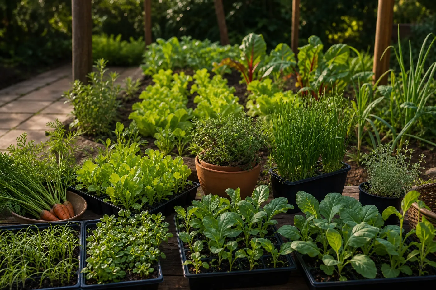 Horta doméstica com mudas de alface, rúcula, couve, cenoura e ervas para plantar em junho
