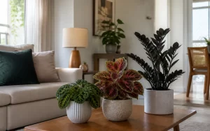 Maranta, cóleus e zamioculca raven em vasos decorativos em sala clara de apartamento