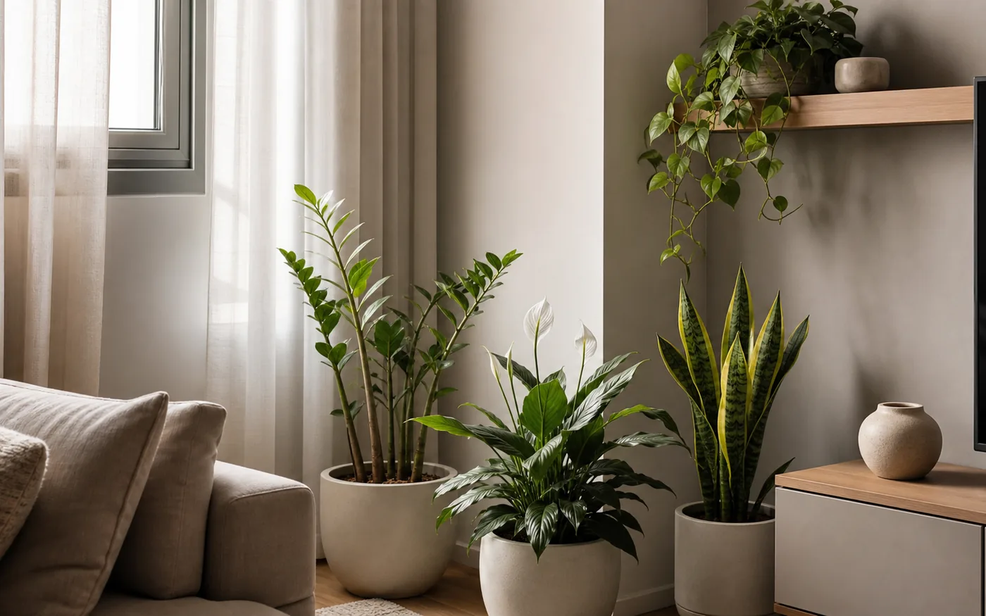 Canto de sala com zamioculca, jiboia e espada-de-sao-jorge em vasos para apartamento com luz indireta.