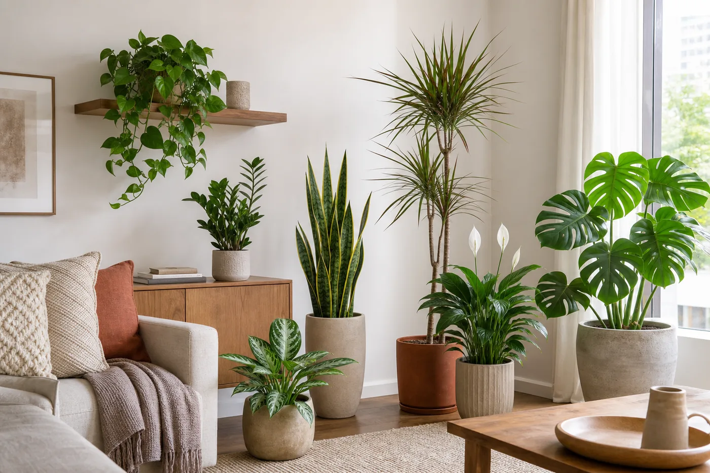 Sala de apartamento com jiboia, zamioculca, espada-de-são-jorge, dracena, lírio-da-paz, aglaonema e costela-de-adão