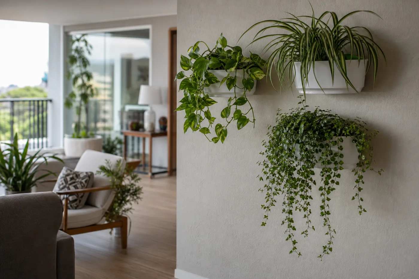 Jardim vertical em apartamento com jiboia, clorofito e outras folhagens em parede iluminada
