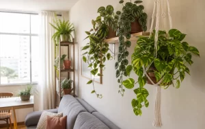 Sala de apartamento pequeno com jiboia pendente em macramê e plantas caindo de prateleiras altas
