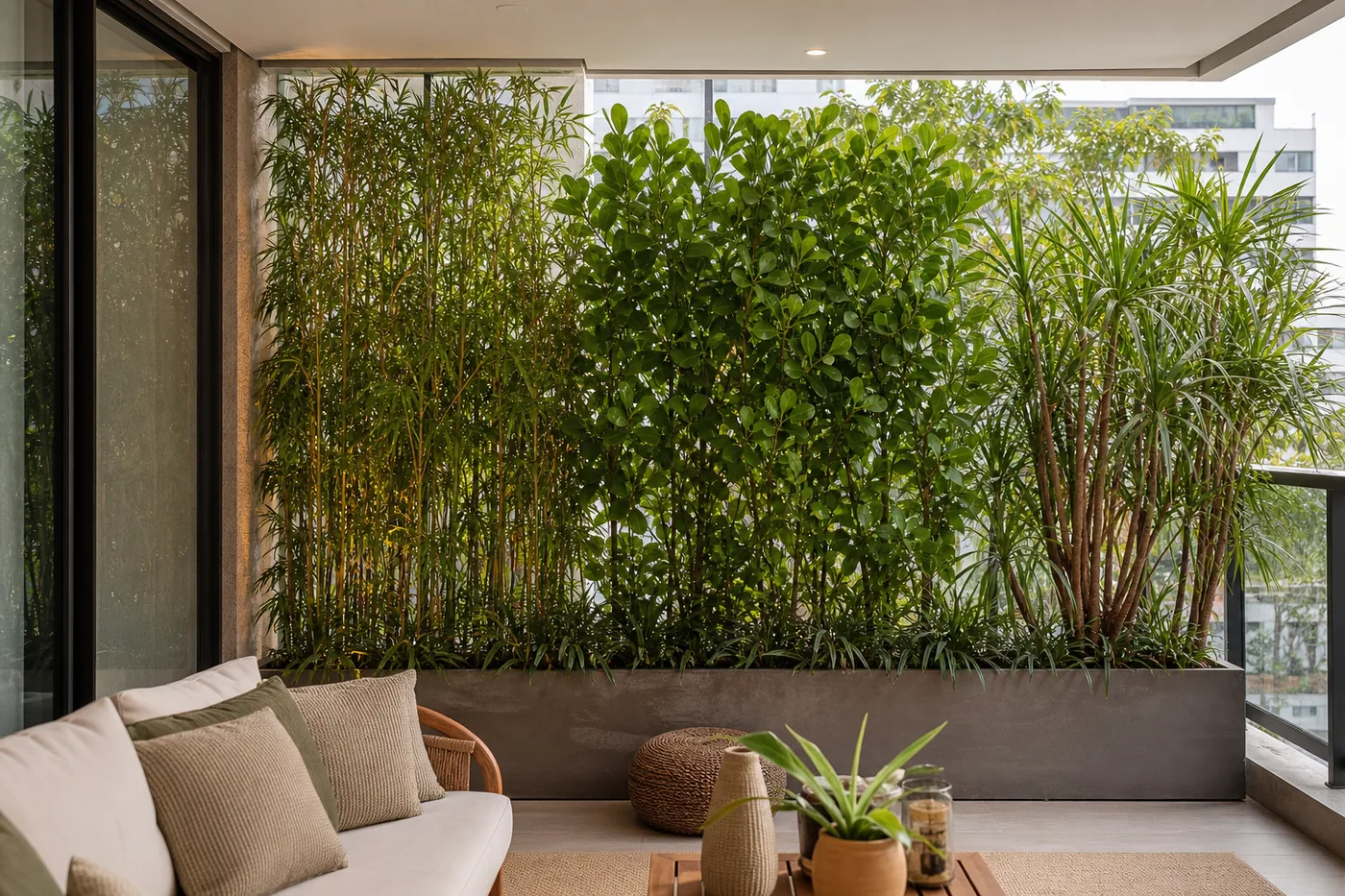 Varanda residencial com vasos altos e barreira verde de plantas usada para dar mais privacidade
