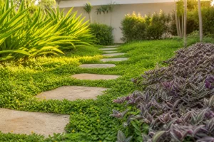 Canteiro com plantas rasteiras formando cobertura verde densa ao redor de pedras de passagem