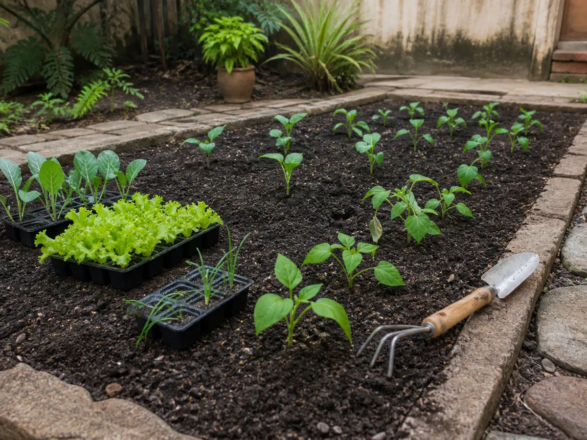 Canteiro pequeno com solo preparado e mudas para plantio no início da primavera