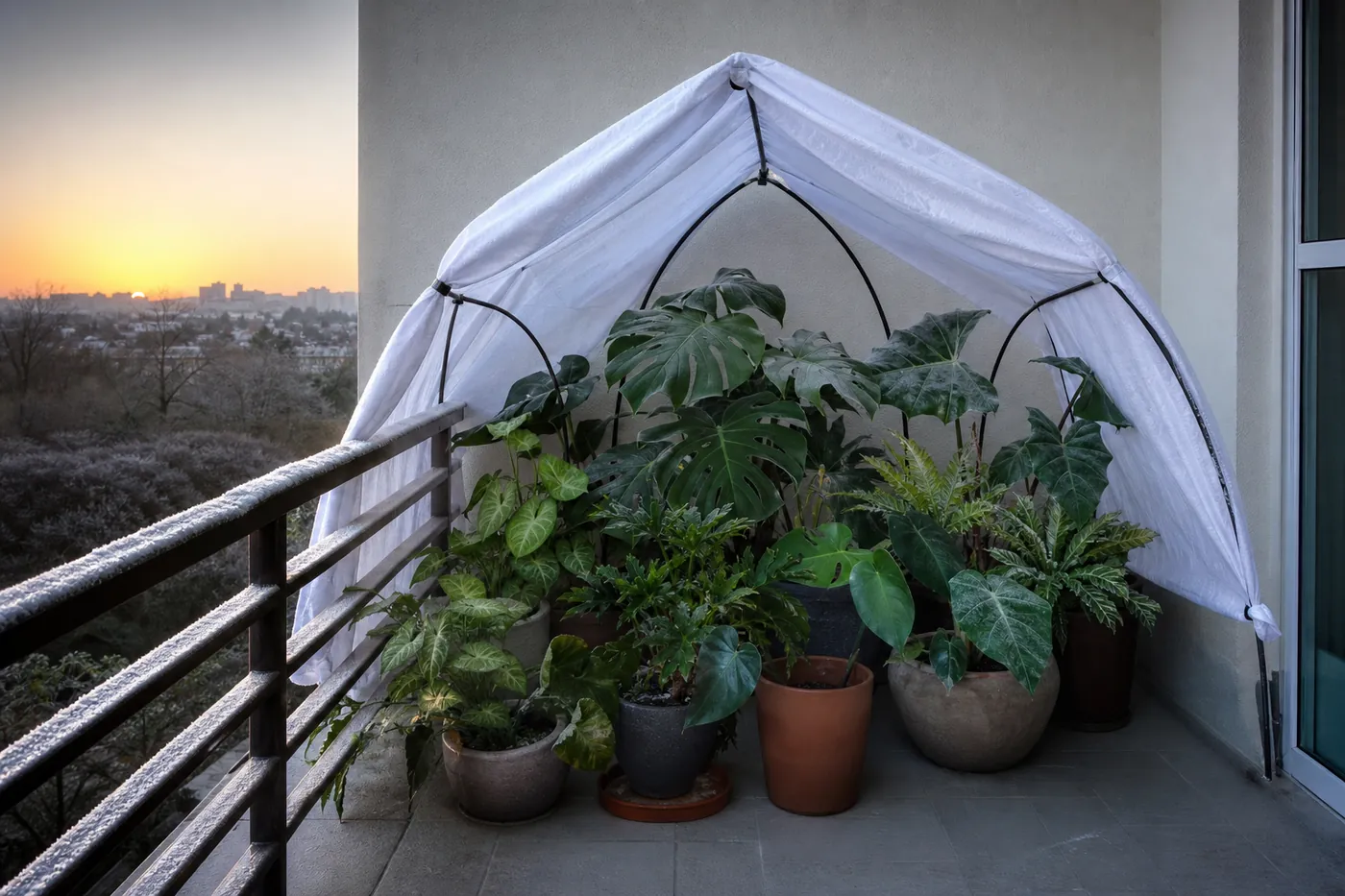 Vasos com plantas protegidos com manta agrotêxtil em manhã fria de inverno.