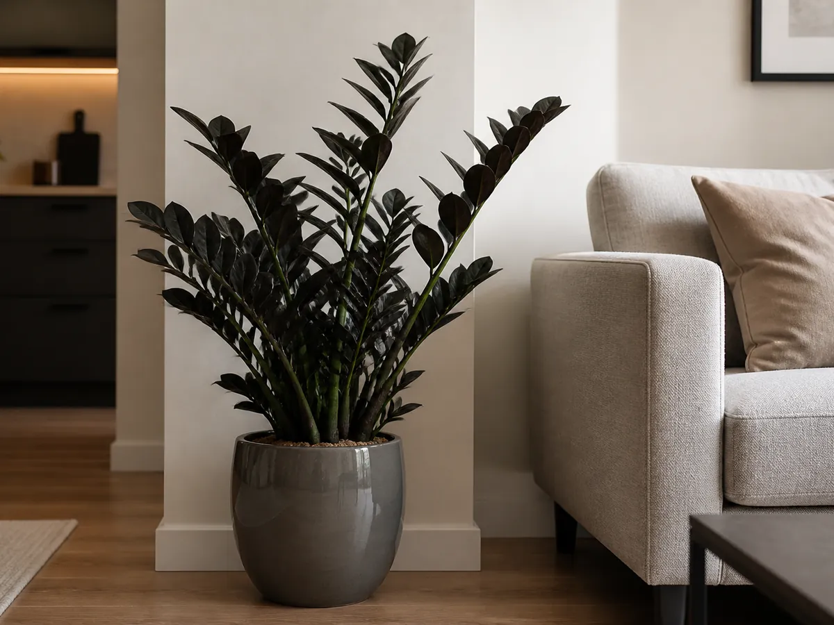 Zamioculca raven em vaso decorativo ao lado de sofá em apartamento claro
